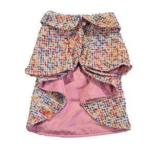 Multicolor Tweed Dog Jacket Pet Cape Coat Pink Lining Snap Closure chic SEE MEZ
